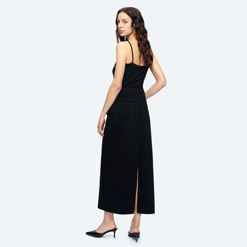 A-Line Denim Midi Skirt(Frayed Hem,Slit)-Skirt-BAYEAS-24-BLACK-Urbanheer