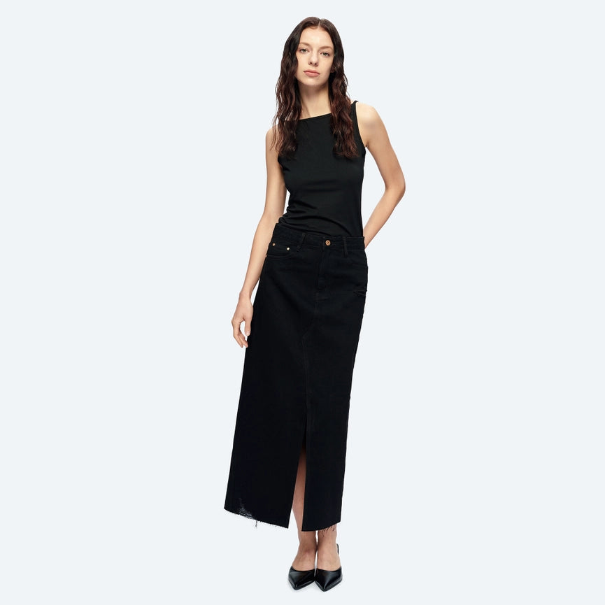 A-Line Denim Midi Skirt(Frayed Hem,Slit)-Skirt-BAYEAS-24-BLACK-Urbanheer