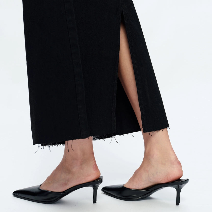 A-Line Denim Midi Skirt(Frayed Hem,Slit)-Skirt-BAYEAS-24-BLACK-Urbanheer