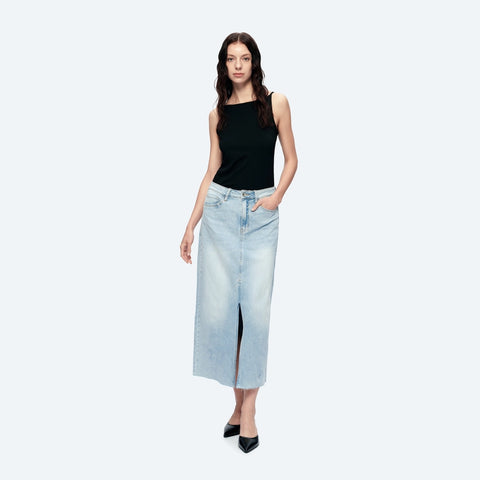 A-Line Denim Midi Skirt(Raw Hem,Slit) STORY-Skirt-BAYEAS-XS-STORY-Urbanheer