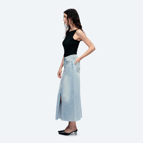 A-Line Denim Midi Skirt(Raw Hem,Slit) STORY-Skirt-BAYEAS-XS-STORY-Urbanheer