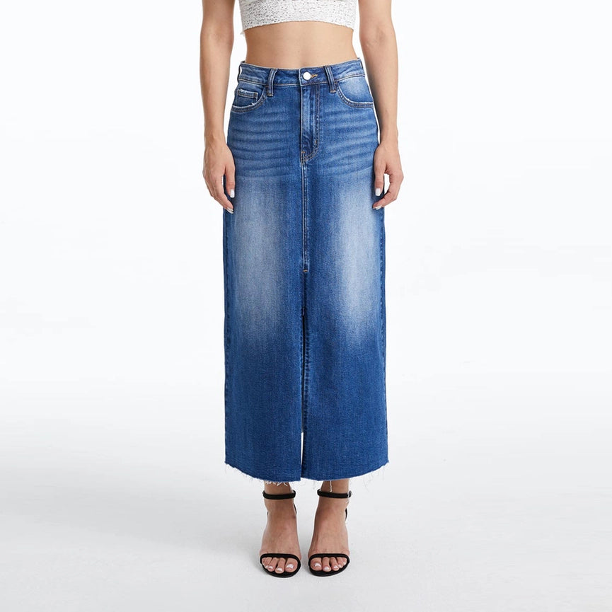 A-Line Denim Midi Skirt(Raw Hem,Slit) SWEET-Skirt-BAYEAS-S-SWEET-Urbanheer