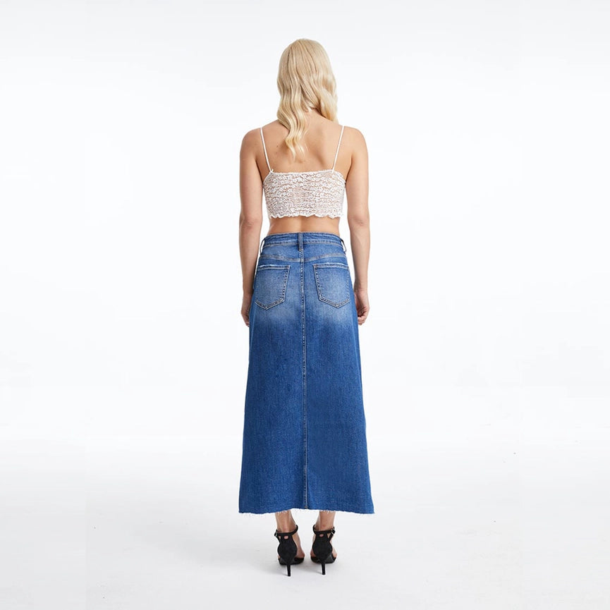 A-Line Denim Midi Skirt(Raw Hem,Slit) SWEET-Skirt-BAYEAS-S-SWEET-Urbanheer