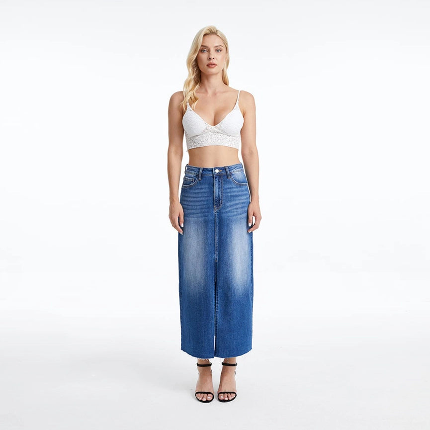 A-Line Denim Midi Skirt(Raw Hem,Slit) SWEET-Skirt-BAYEAS-S-SWEET-Urbanheer