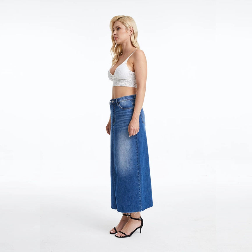 A-Line Denim Midi Skirt(Raw Hem,Slit) SWEET-Skirt-BAYEAS-S-SWEET-Urbanheer