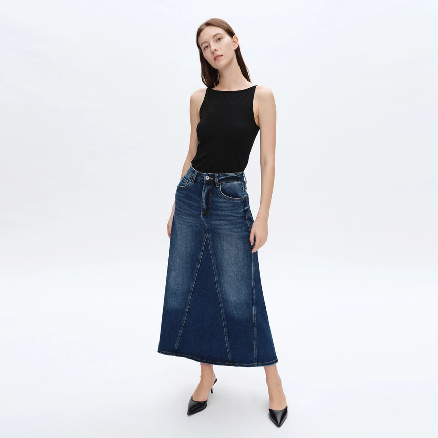 A-Line Denim Skirt with Finished Hem-Skirt-BAYEAS-XS-BLUE TEARS-Urbanheer