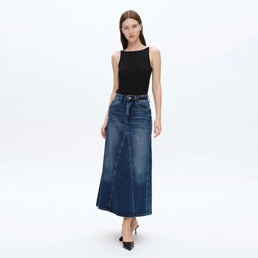 A-Line Denim Skirt with Finished Hem-Skirt-BAYEAS-XS-BLUE TEARS-Urbanheer