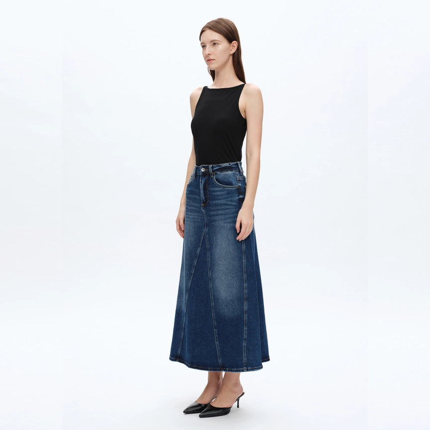 A-Line Denim Skirt with Finished Hem-Skirt-BAYEAS-XS-BLUE TEARS-Urbanheer
