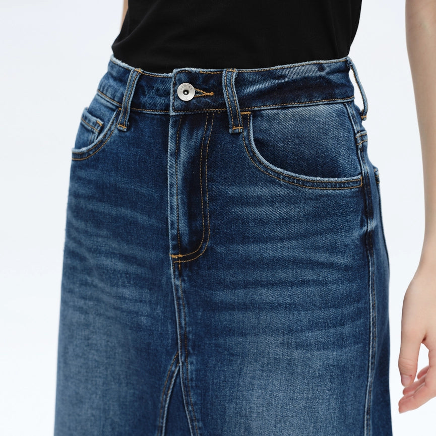 A-Line Denim Skirt with Finished Hem-Skirt-BAYEAS-XS-BLUE TEARS-Urbanheer