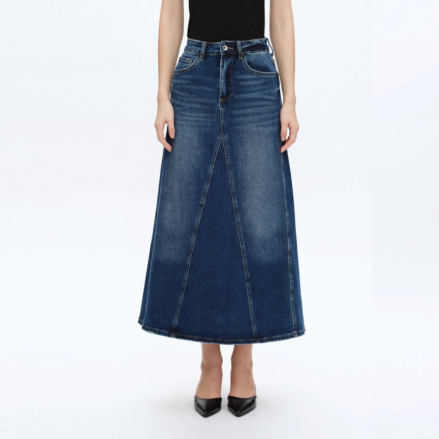 A-Line Denim Skirt with Finished Hem-Skirt-BAYEAS-XS-BLUE TEARS-Urbanheer