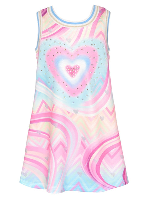 A-Line Heart Print Dress w/ Rhinestones-Dress-Hannah Banana-4-BLUE MULTI-Urbanheer