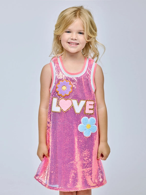 A-Line Sequin Dress w/ Love and Flower Trims-Dress-Hannah Banana-12M-PINK-Urbanheer