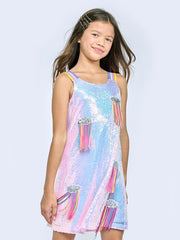 A Line Sequin Dress with Colorful Straps and Fringe Detail-Dress-Hannah Banana-4-PINK MULTI-Urbanheer