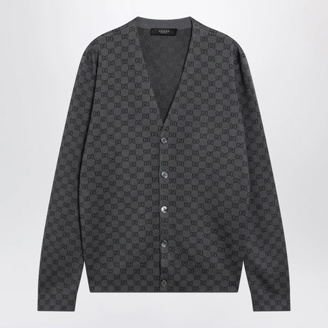 GUCCI Grey wool and silk cardigan with GG motif