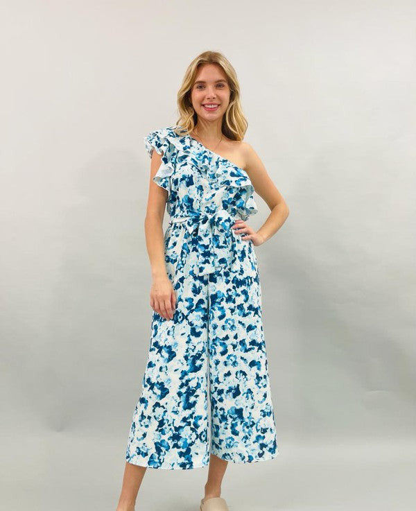 ABSTRACT PRINT JUMPSUIT WITH RUFFLE AND TIE-All Products-Reneecollection-Urbanheer