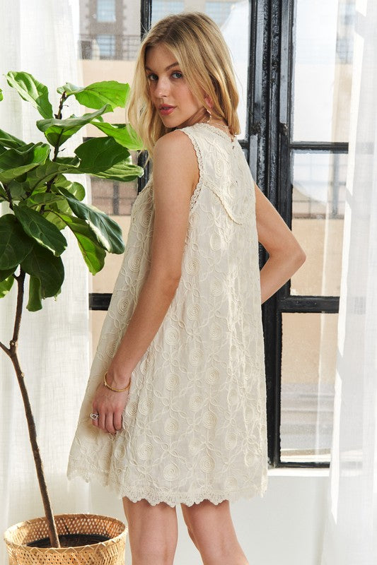 ADORA Applique Round Neck Sleeveless Shift Dress-Street 360-Beige-S-Urbanheer