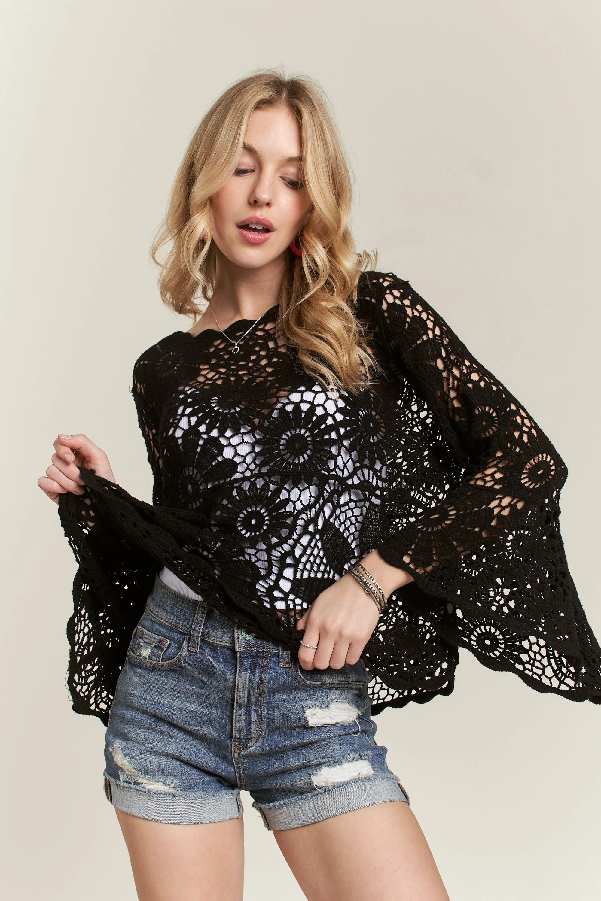 ADORA Bell Sleeve Crochet Top-Adora-BLACK-S/M-Urbanheer