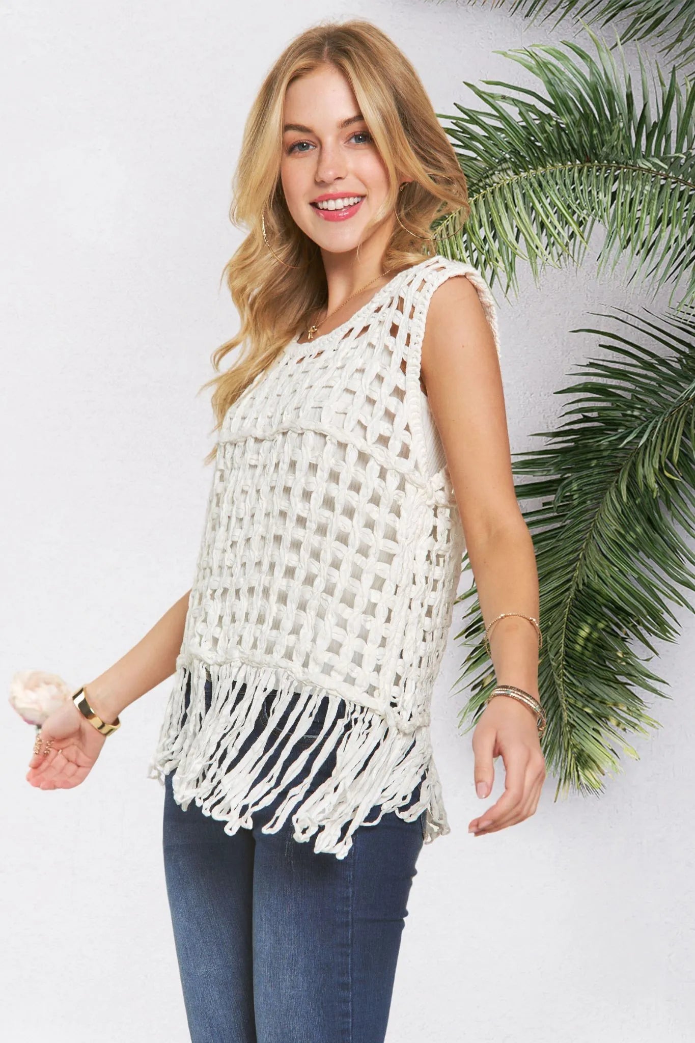 ADORA Fishnet Cover Up Top With Fringe Hem-Adora-IVORY-One Size-Urbanheer