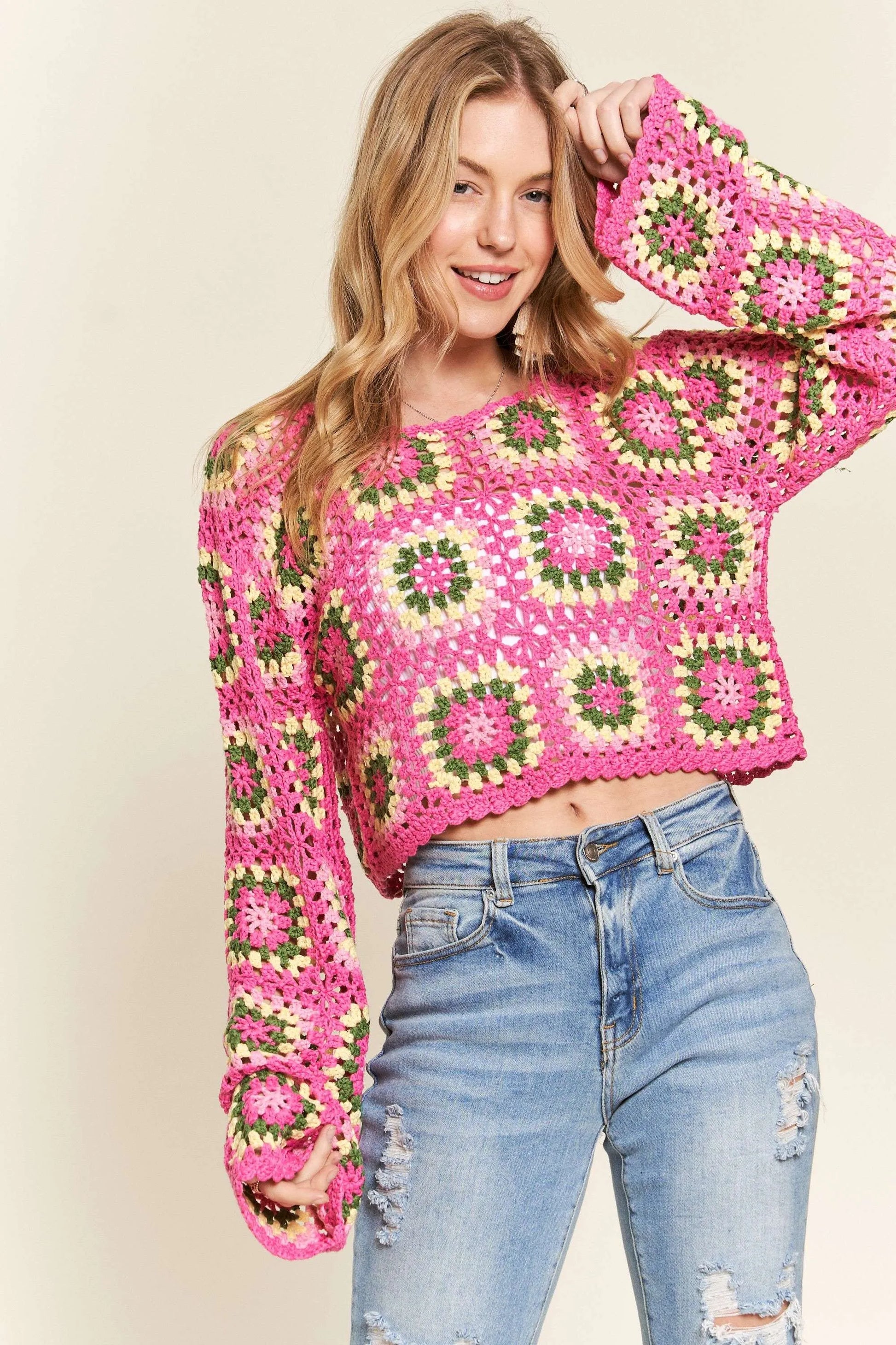 ADORA Multicolor Crochet Crop Top-Adora-HOT PINK-S-Urbanheer