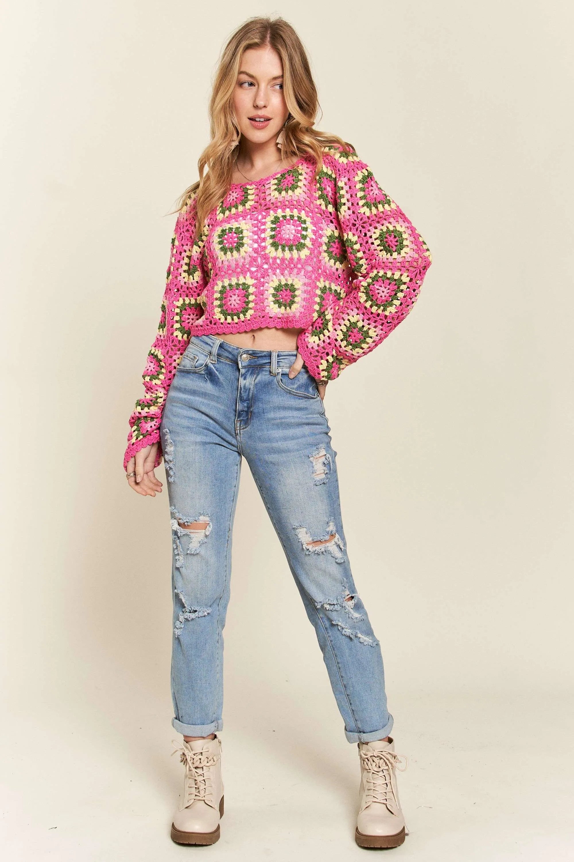 ADORA Multicolor Crochet Crop Top-Adora-HOT PINK-S-Urbanheer