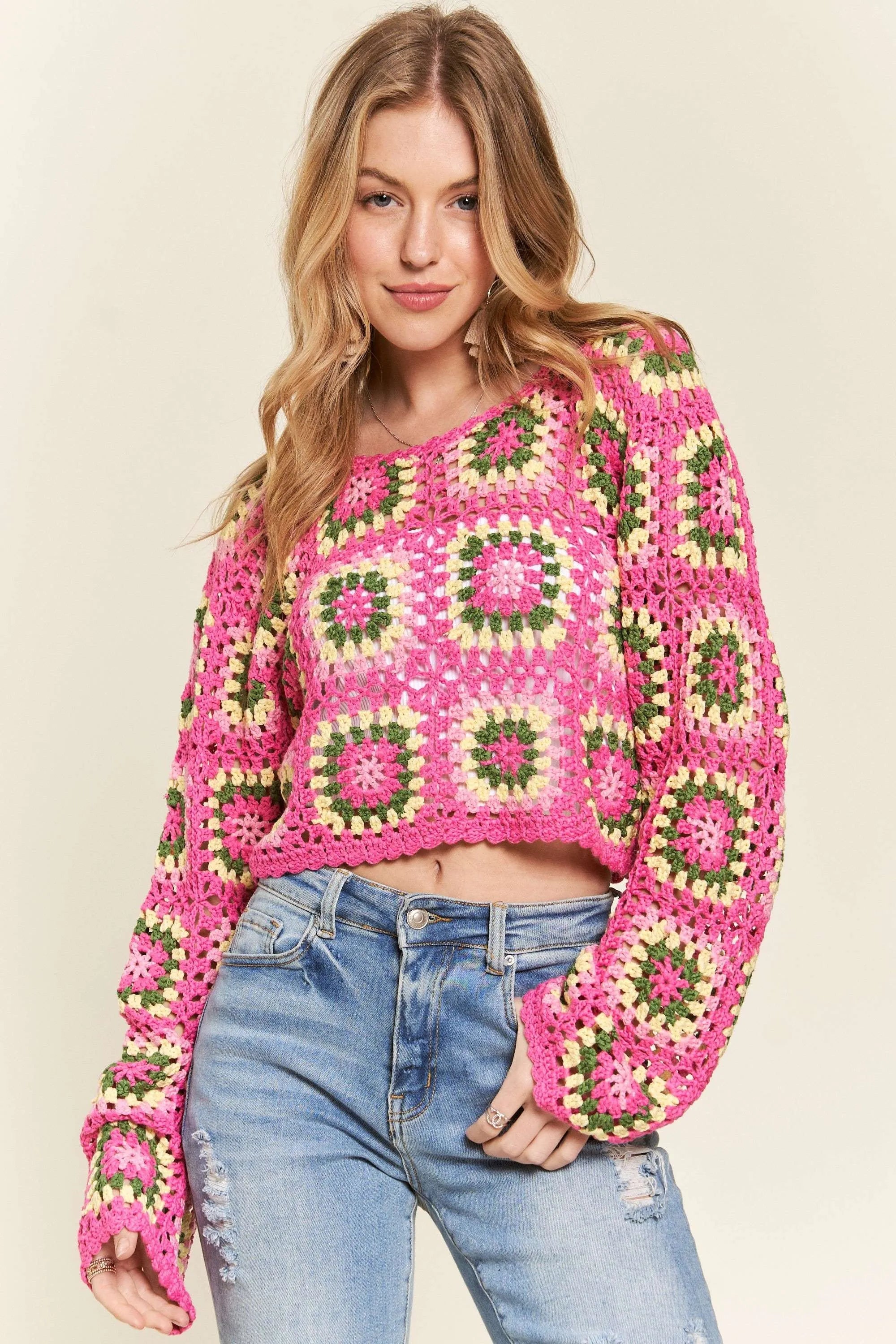 ADORA Multicolor Crochet Crop Top-Adora-HOT PINK-S-Urbanheer