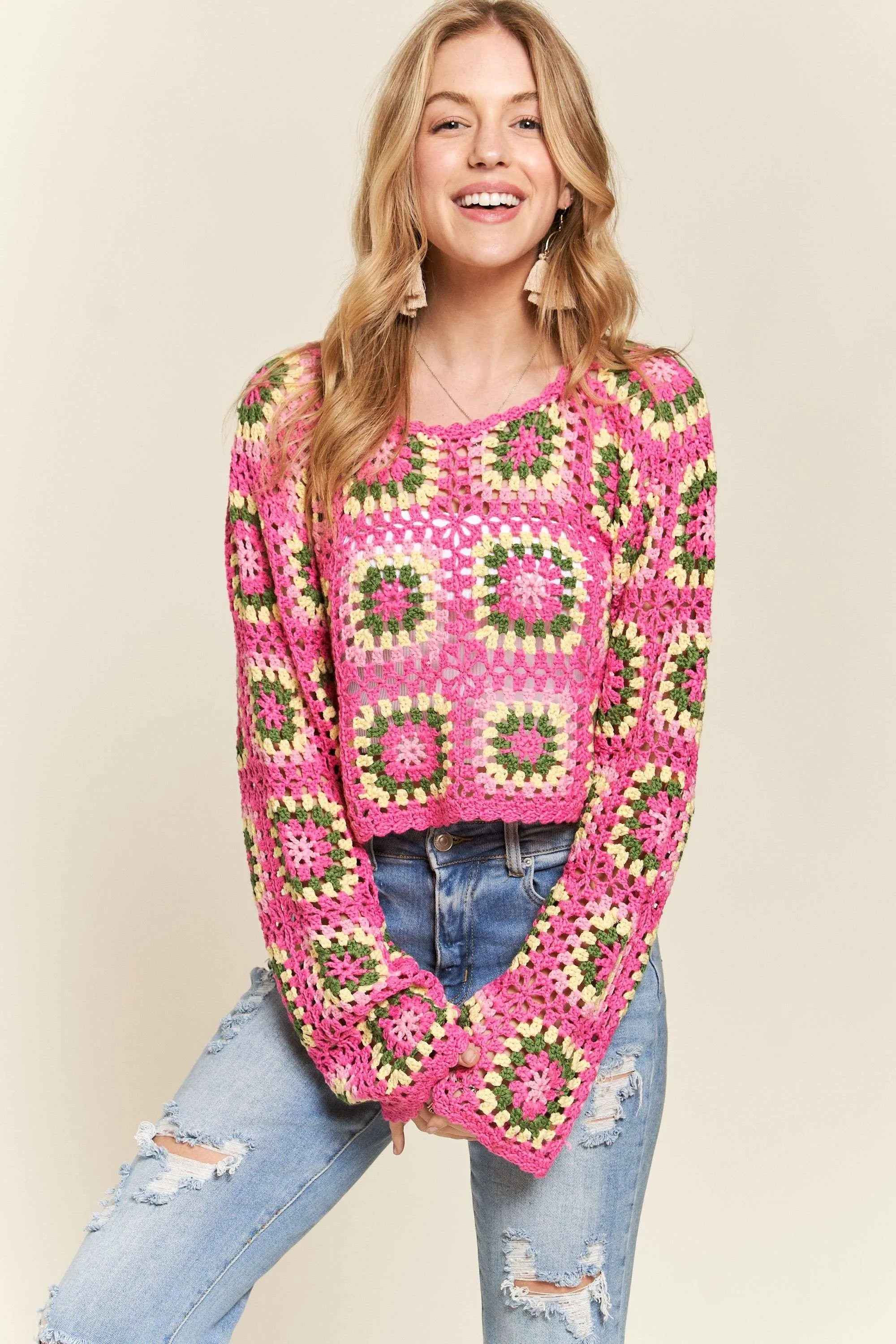 ADORA Multicolor Crochet Crop Top-Adora-HOT PINK-S-Urbanheer