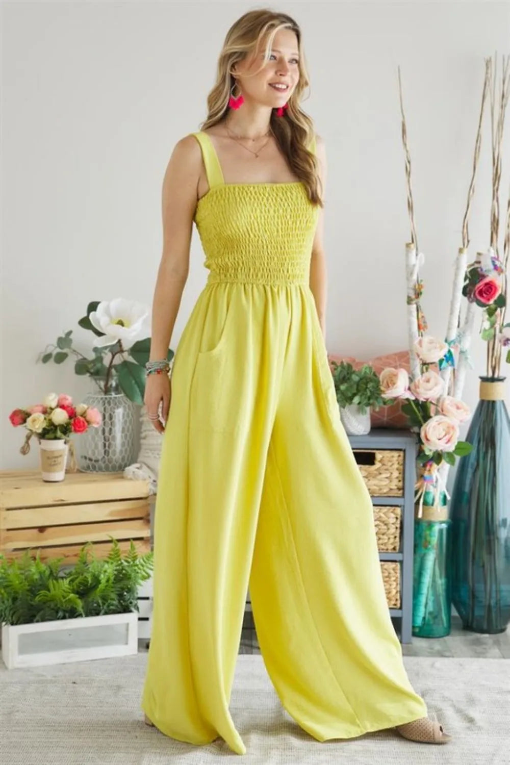 ADORA Smocking Top Wide Leg Jumpsuit-Adora-YELLOW-S-Urbanheer