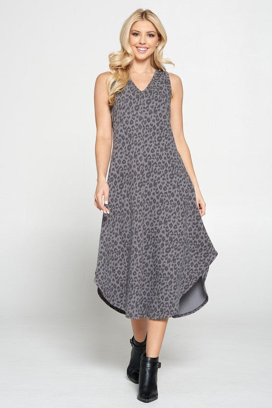 ANIMAL PRINT V NECK MIDI DRESS WITH CURVED HEM-All Products-Reneecollection-Urbanheer