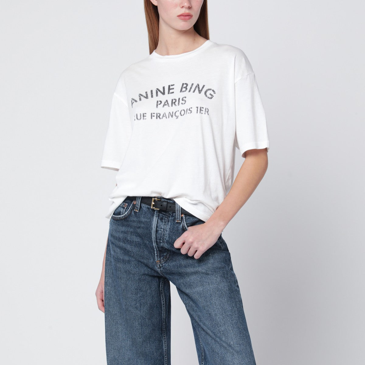 ANINE BING Ivory relaxed T-shirt with logo print