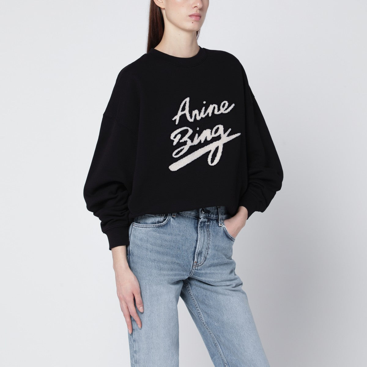 ANINE BING Oversized black sweatshirt with chenille logo
