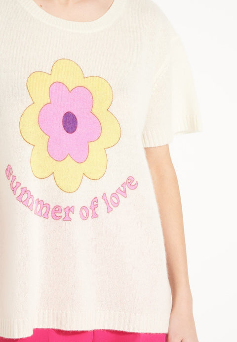 AVA 9 T shirt en cachemire déjaugé col rond manches courtes avec imprimé " SUMMER OF LOVE" blanc écru-t-shirt femme-Studio Cashmere8-S-M-SC8-00448-blanc écru/imprimé fleurs multicouleur-Urbanheer