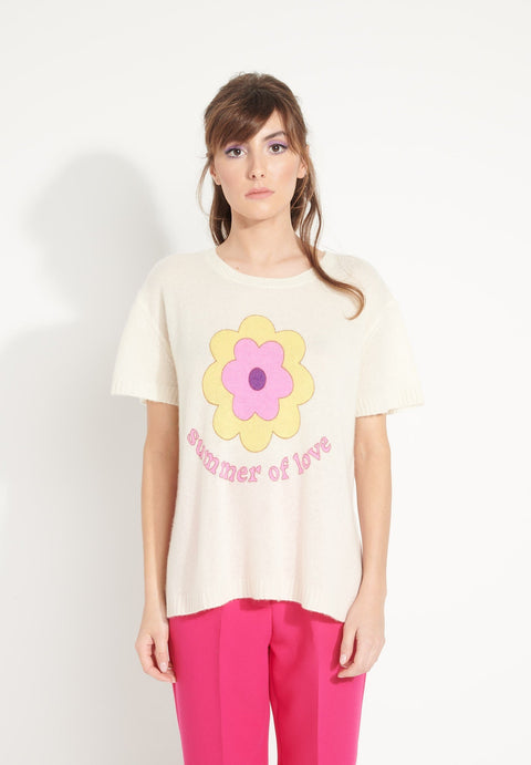 AVA 9 T shirt en cachemire déjaugé col rond manches courtes avec imprimé " SUMMER OF LOVE" blanc écru-t-shirt femme-Studio Cashmere8-S-M-SC8-00448-blanc écru/imprimé fleurs multicouleur-Urbanheer