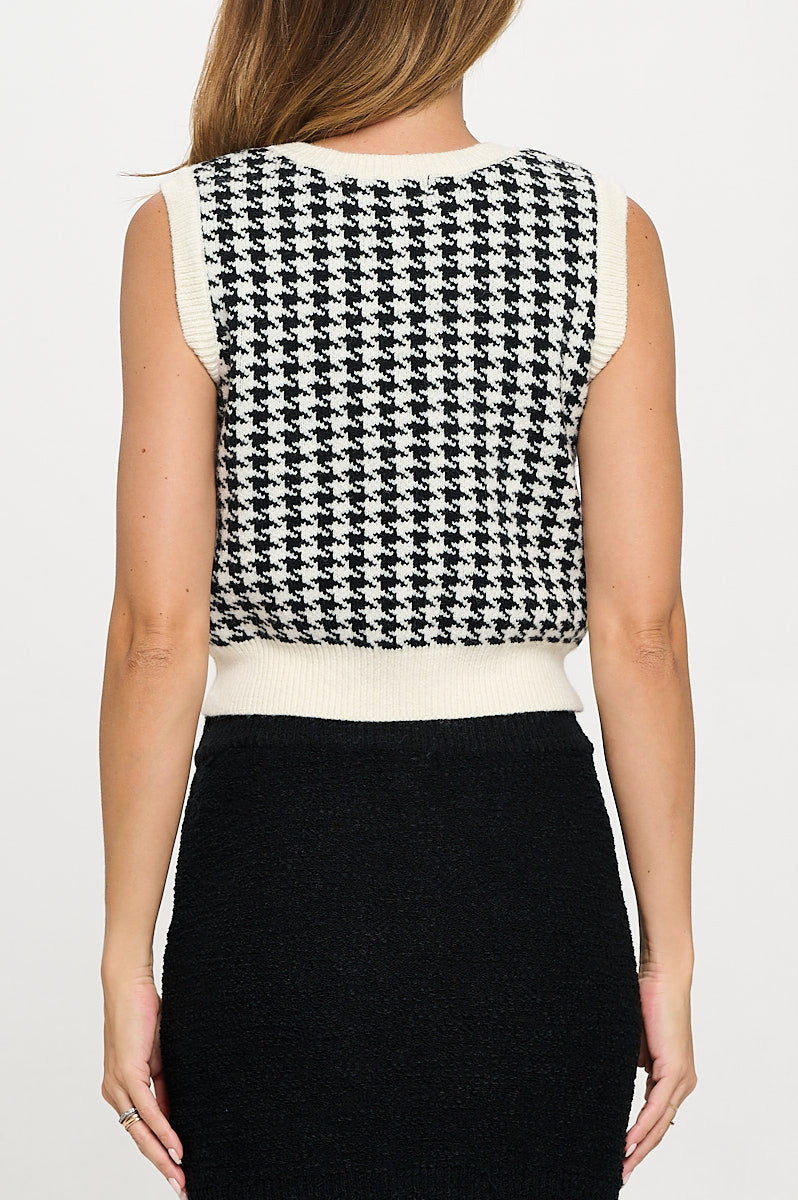 Abstract Plaid Tweed Print Cardigan Top with Vest Set-Cardigans-Reneecollection-Small-IVORY/BLACK-Urbanheer