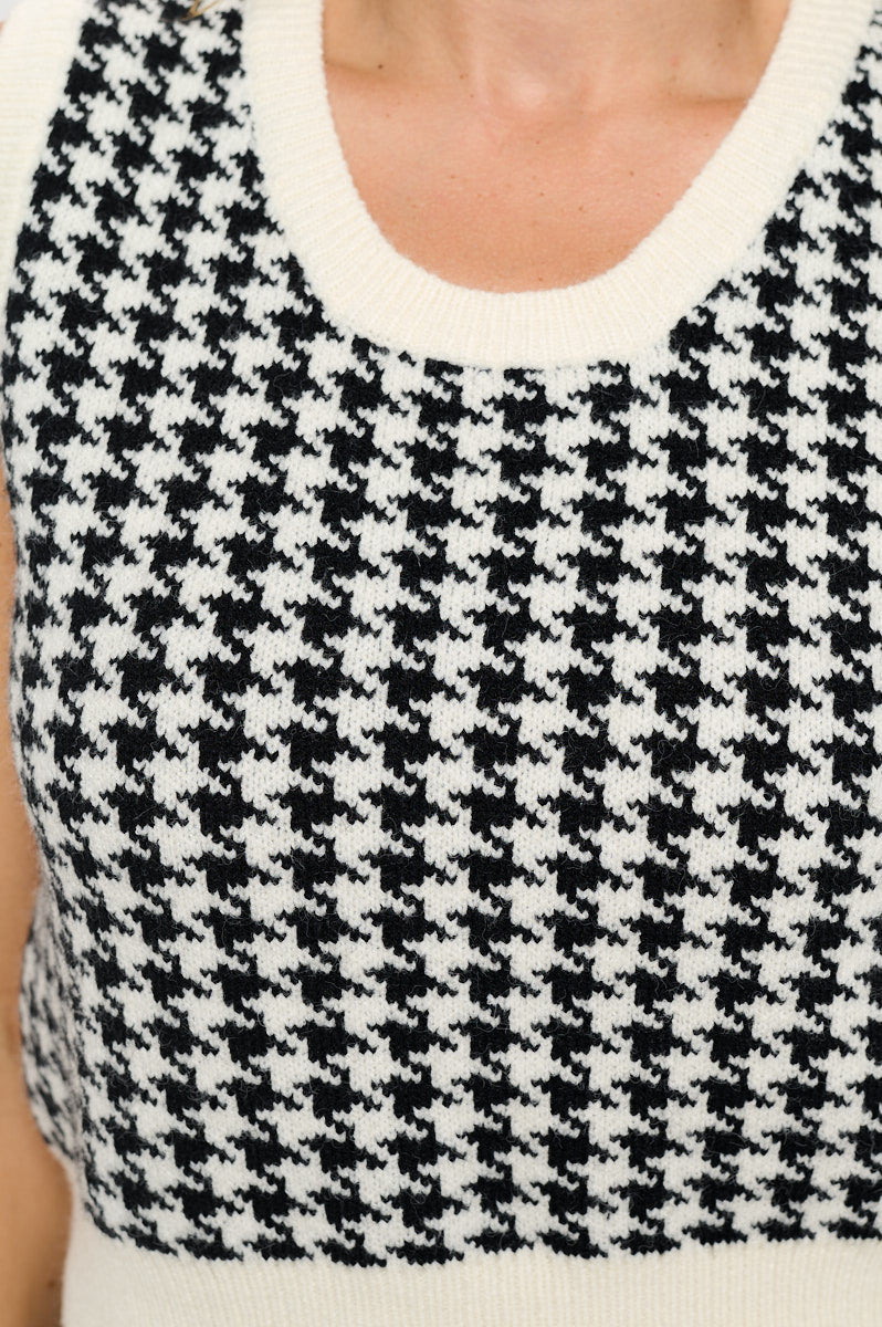 Abstract Plaid Tweed Print Cardigan Top with Vest Set-Cardigans-Reneecollection-Small-IVORY/BLACK-Urbanheer