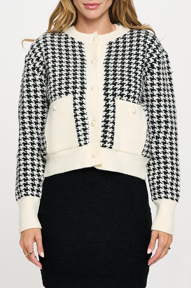 Abstract Plaid Tweed Print Cardigan Top with Vest Set-Cardigans-Reneecollection-Small-IVORY/BLACK-Urbanheer