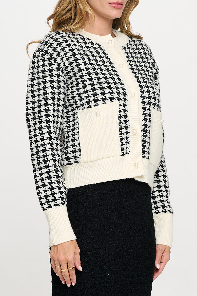 Abstract Plaid Tweed Print Cardigan Top with Vest Set-Cardigans-Reneecollection-Small-IVORY/BLACK-Urbanheer