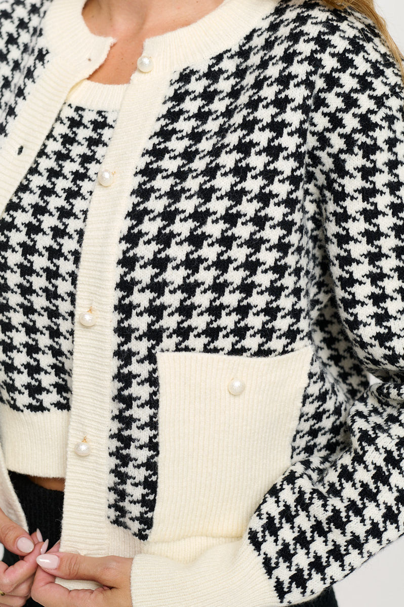 Abstract Plaid Tweed Print Cardigan Top with Vest Set-Cardigans-Reneecollection-Small-IVORY/BLACK-Urbanheer