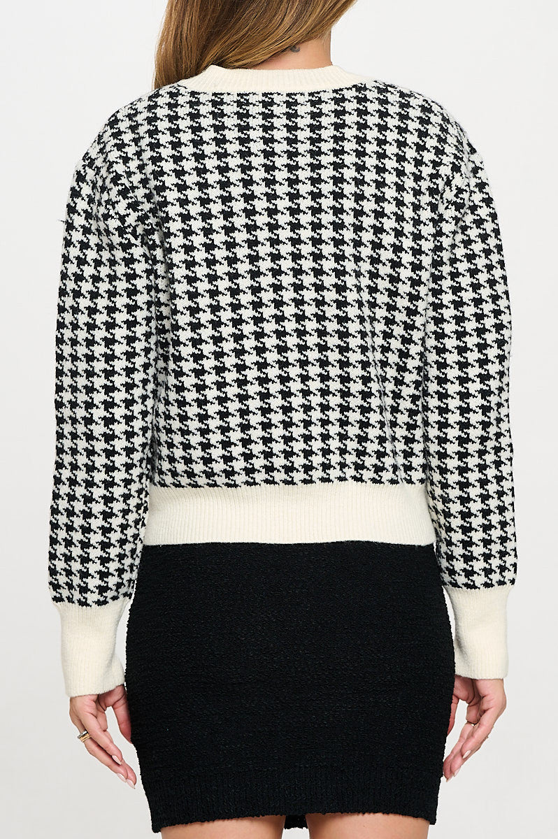 Abstract Plaid Tweed Print Cardigan Top with Vest Set-Cardigans-Reneecollection-Small-IVORY/BLACK-Urbanheer