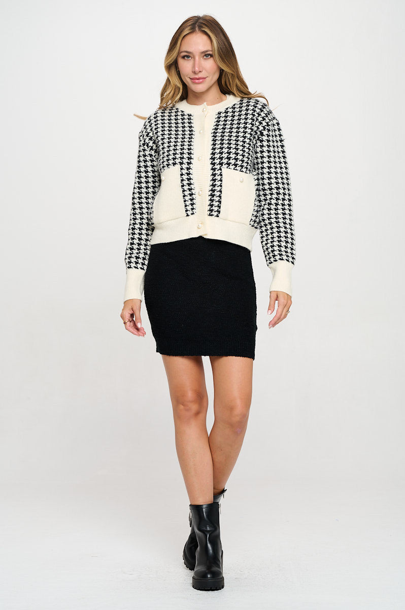 Abstract Plaid Tweed Print Cardigan Top with Vest Set-Cardigans-Reneecollection-Small-IVORY/BLACK-Urbanheer