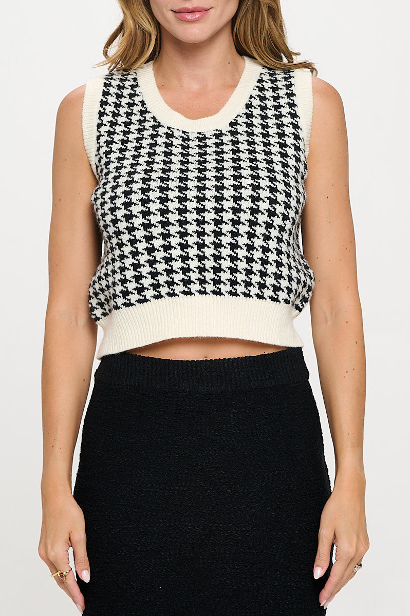 Abstract Plaid Tweed Print Cardigan Top with Vest Set-Cardigans-Reneecollection-Small-IVORY/BLACK-Urbanheer