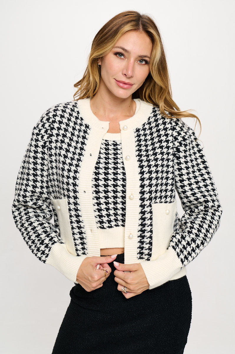 Abstract Plaid Tweed Print Cardigan Top with Vest Set-Cardigans-Reneecollection-Small-IVORY/BLACK-Urbanheer