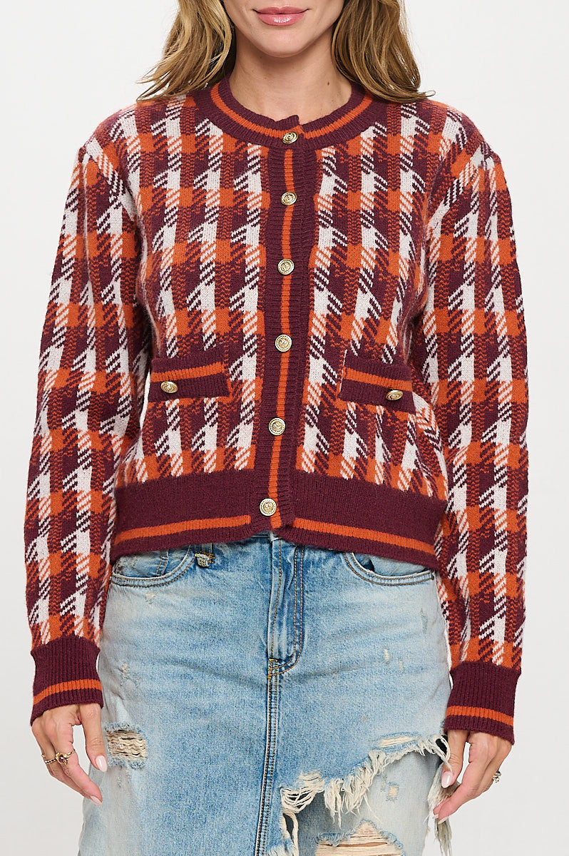 Abstract Plaid Tweed Print Long Sleeve Cardigan with Button Detail-Cardigans-Reneecollection-Small-RUST-Urbanheer