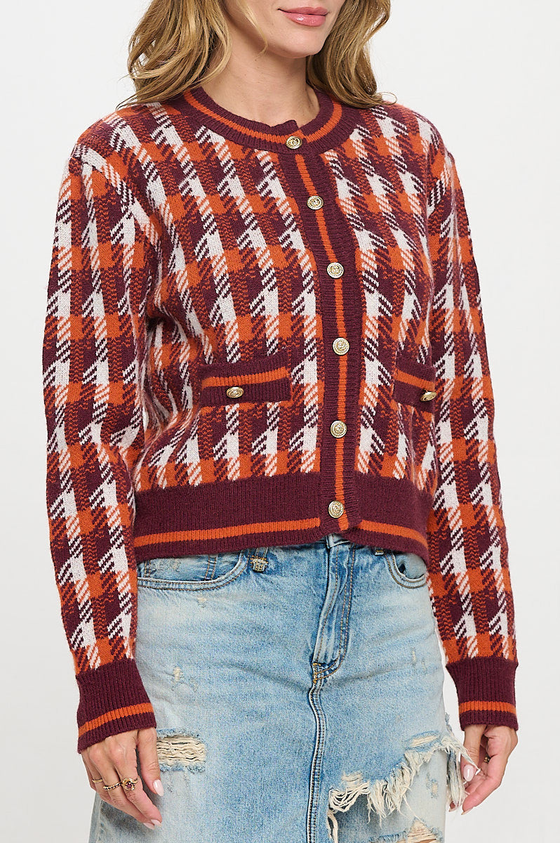 Abstract Plaid Tweed Print Long Sleeve Cardigan with Button Detail-Cardigans-Reneecollection-Small-RUST-Urbanheer