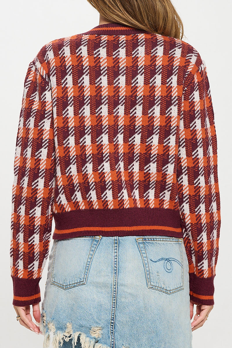 Abstract Plaid Tweed Print Long Sleeve Cardigan with Button Detail-Cardigans-Reneecollection-Small-RUST-Urbanheer