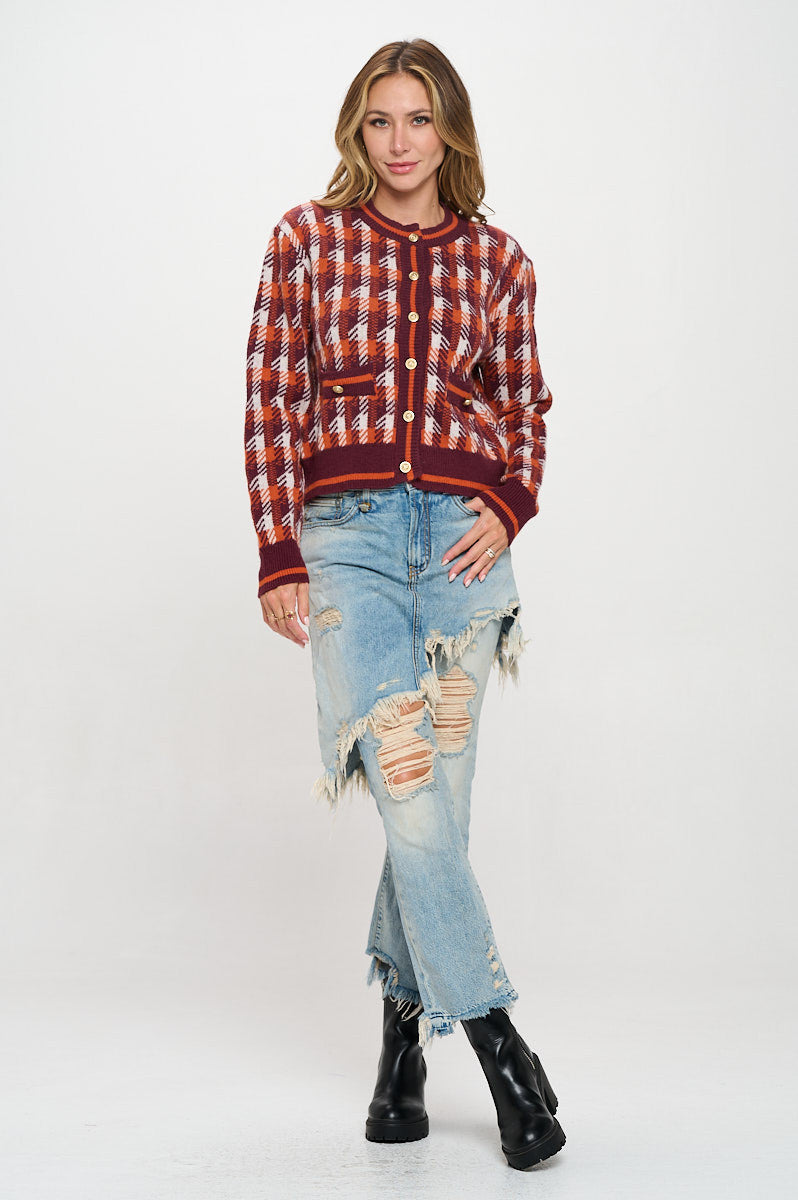 Abstract Plaid Tweed Print Long Sleeve Cardigan with Button Detail-Cardigans-Reneecollection-Small-RUST-Urbanheer