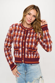 Abstract Plaid Tweed Print Long Sleeve Cardigan with Button Detail-Cardigans-Reneecollection-Small-RUST-Urbanheer