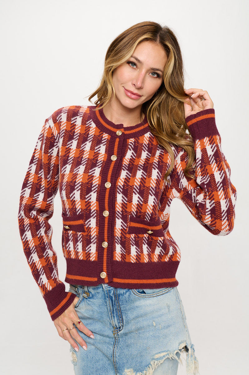 Abstract Plaid Tweed Print Long Sleeve Cardigan with Button Detail-Cardigans-Reneecollection-Small-RUST-Urbanheer