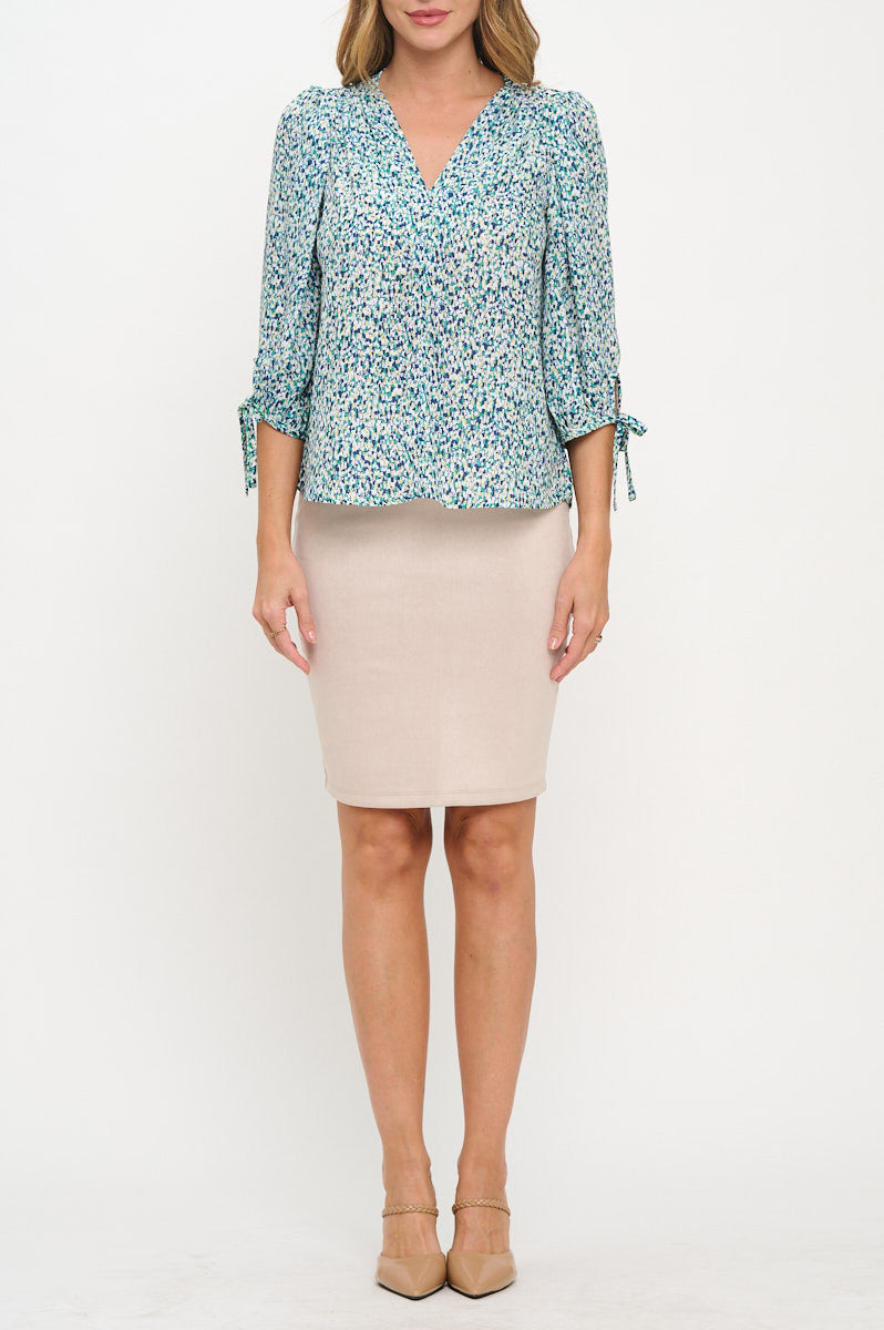 Abstract Print 3/4 Sleeve V neck Top-New Arrival-Reneecollection-Small-BLUE-Urbanheer