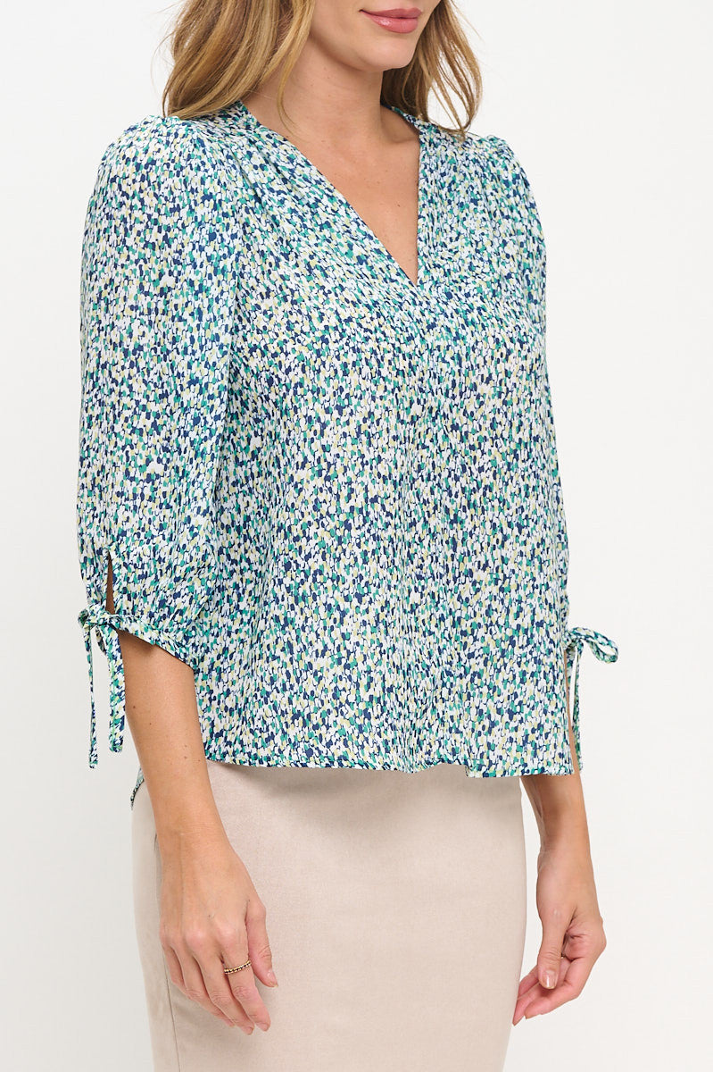 Abstract Print 3/4 Sleeve V neck Top-New Arrival-Reneecollection-Small-BLUE-Urbanheer