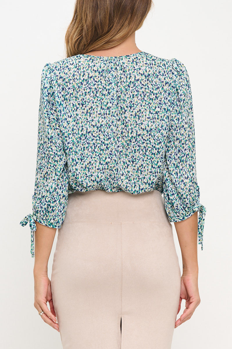 Abstract Print 3/4 Sleeve V neck Top-New Arrival-Reneecollection-Small-BLUE-Urbanheer